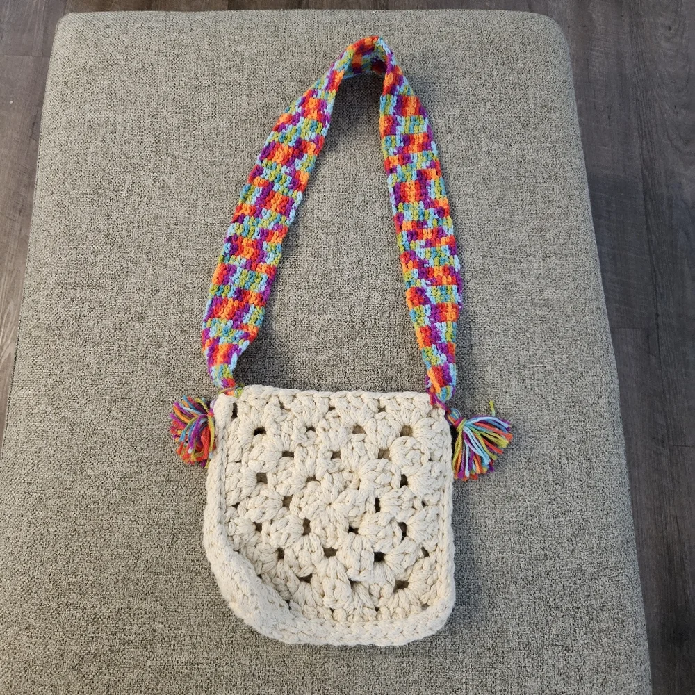 Festival Vintage Crochet Crossbody  Handbag Boho Off White Multicolor Strap - Picture 5 of 12